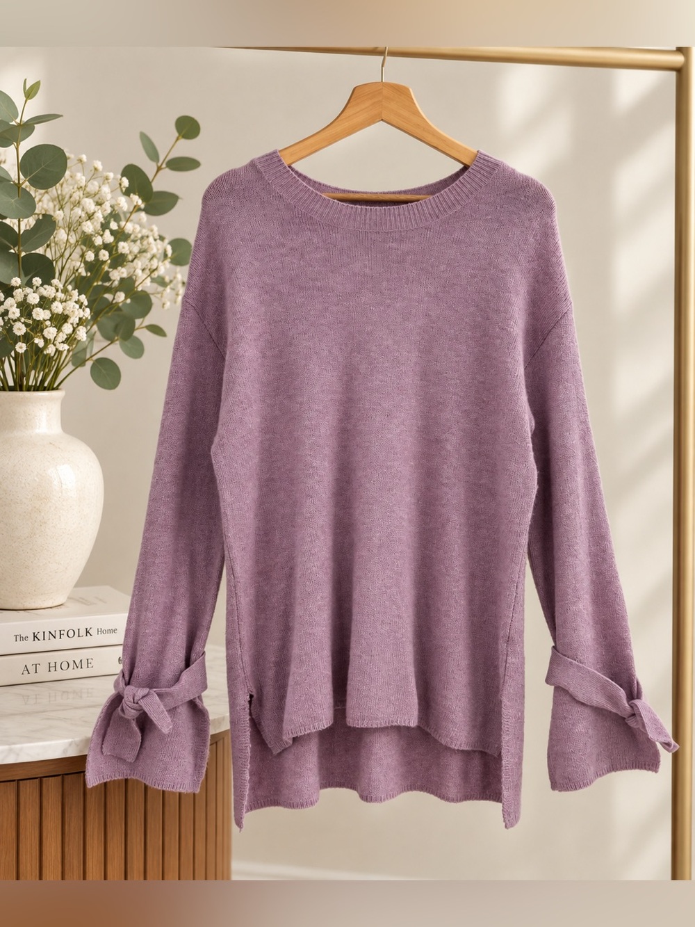 Halogen Women’s S Purple Lavender Tie Bell Sleeve Crewneck Sweater Wool Blend